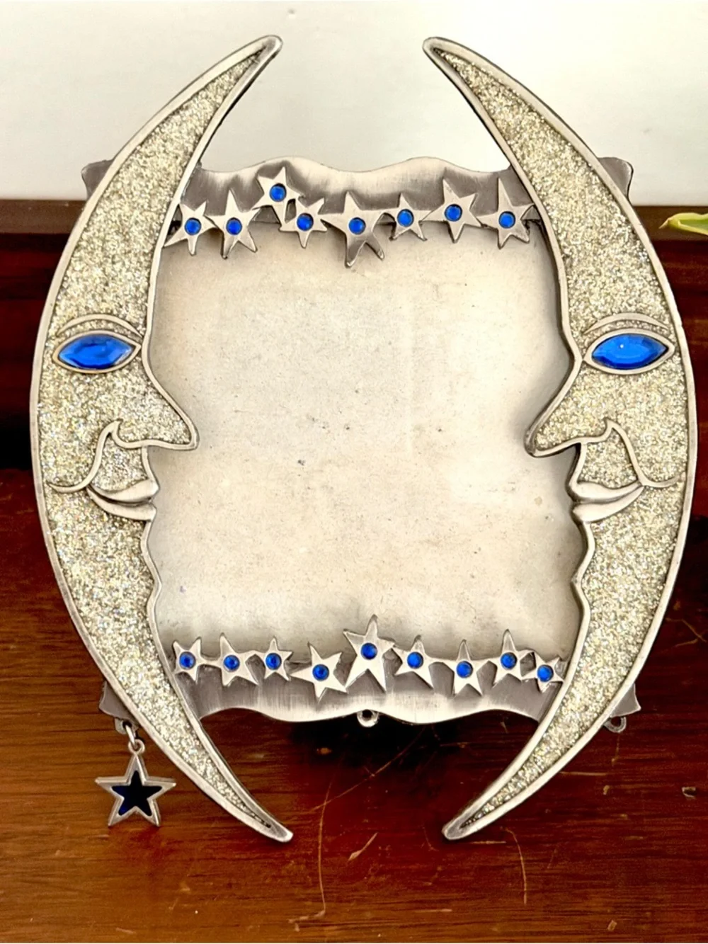 Vintage 90s Celestial Y2K Sparkle Crescent Moon Stars Stones Metal Picture Frame